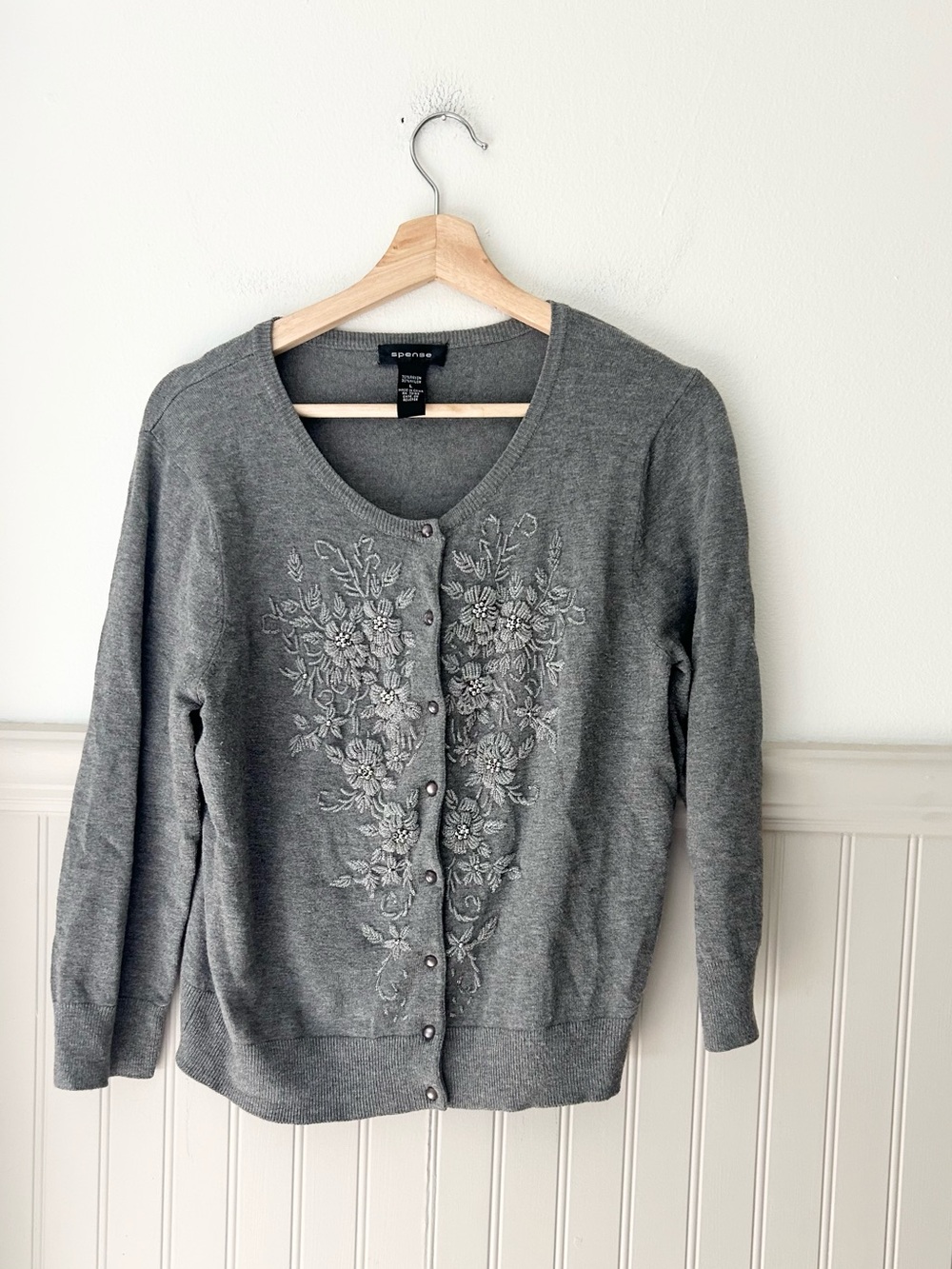 Y2K Spense Large Gray Embroidered Beaded Button Front Cardigan